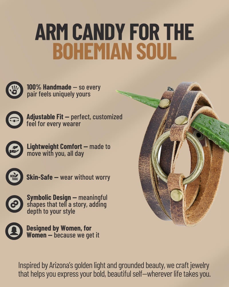 SPUNKYsoul 5 Wrap Leather Circle Bracelet - Adjustable Boho-Inspired Leather Bracelet for Women, Unique Distressed Jewelry with Symbolic Circle, Ideal for Everyday Wear & Gifting (Women's Brown) - Image 4