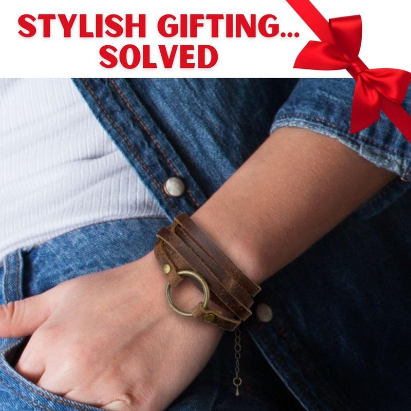 SPUNKYsoul 5 Wrap Leather Circle Bracelet - Adjustable Boho-Inspired Leather Bracelet for Women, Unique Distressed Jewelry with Symbolic Circle, Ideal for Everyday Wear & Gifting (Women's Brown) - Image 2