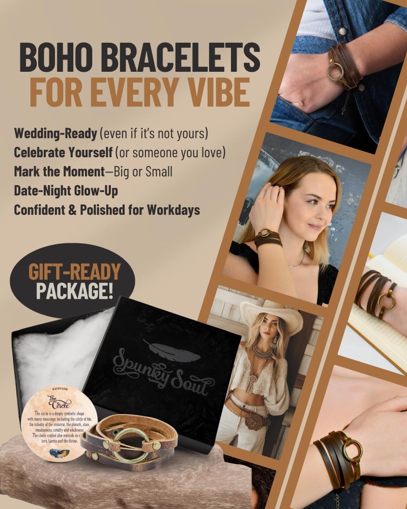 SPUNKYsoul 5 Wrap Leather Circle Bracelet - Adjustable Boho-Inspired Leather Bracelet for Women, Unique Distressed Jewelry with Symbolic Circle, Ideal for Everyday Wear & Gifting (Women's Brown) - Image 5
