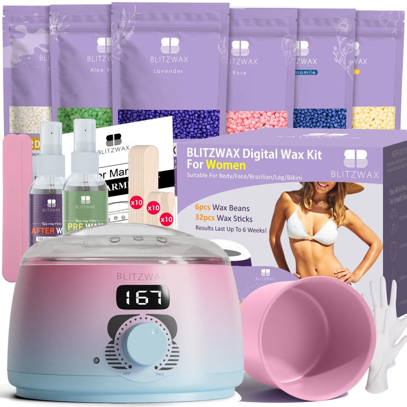 BLITZWAX Brazilian and Bikini Waxing Kit for Women, Hard Wax Warmer for Face, Legs and Body, At Home Hair Removal Kit, Beginner Friendly, Quick Heating, Pink and Blue Gradient Color - Image 1