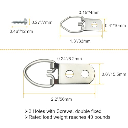 EesTeck 70 Pack D-Ring Steel Picture Hangers Heavy Duty with Screws Picture Frames Double Holes Clasp Picture Hang Solutions, for Hanging Clock Paintings Artwork Picture Frame Hook Photos Mirrors - Image 4