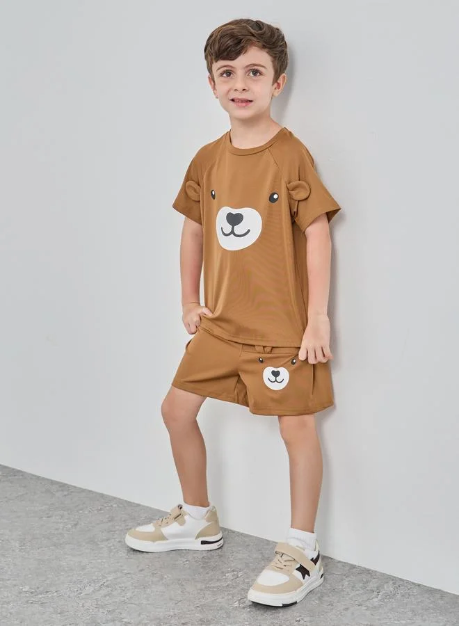 Take Two Take Two Bear Print Round Neck T-Shirt and Shorts Set