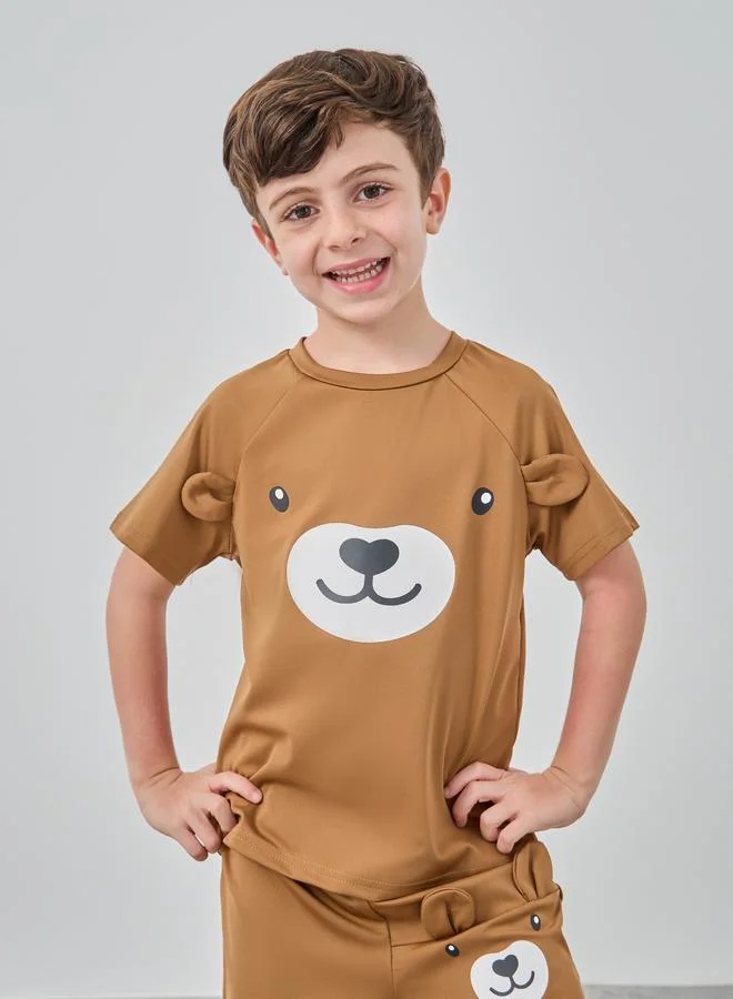 Take Two Take Two Bear Print Round Neck T-Shirt and Shorts Set