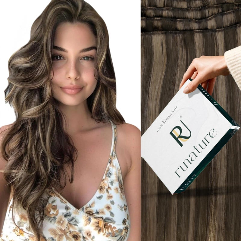 RUNATURE Sew in Hair Extensions Real Human Hair Brown Highlight Weft Hair Extensions Weft Human Hair Extension Sew in Real Remy Hair Full Head Thick Natural Hair 14 Inch 100g