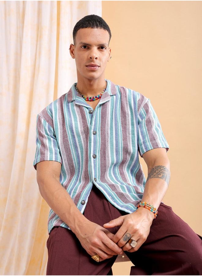 The Indian Garage Co Men Relaxed Fit Striped Half Sleeves Cuban Collar Resort Wear Shirt  - Image 1