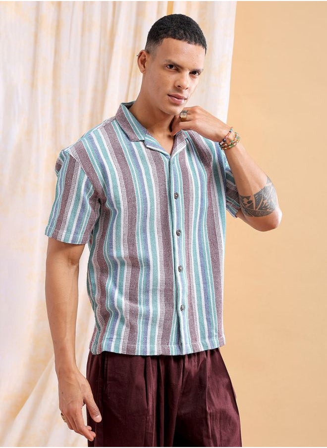 The Indian Garage Co Men Relaxed Fit Striped Half Sleeves Cuban Collar Resort Wear Shirt  - Image 3