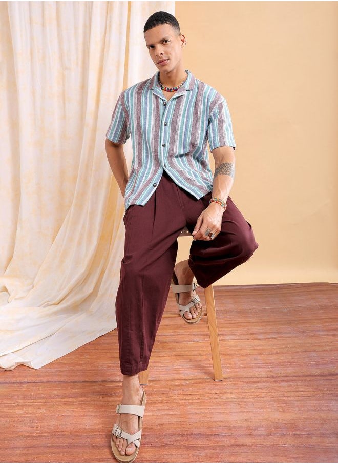 The Indian Garage Co Men Relaxed Fit Striped Half Sleeves Cuban Collar Resort Wear Shirt  - Image 5
