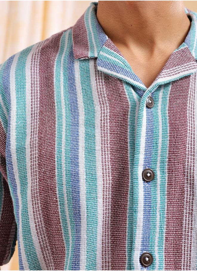 The Indian Garage Co Men Relaxed Fit Striped Half Sleeves Cuban Collar Resort Wear Shirt  - Image 4