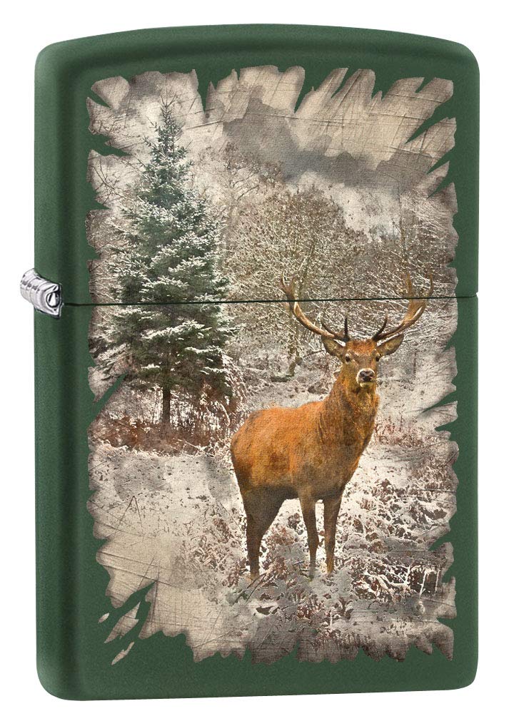 Zippo Lighter: Red Deer in The Woods - Green Matte 80517 - Image 1