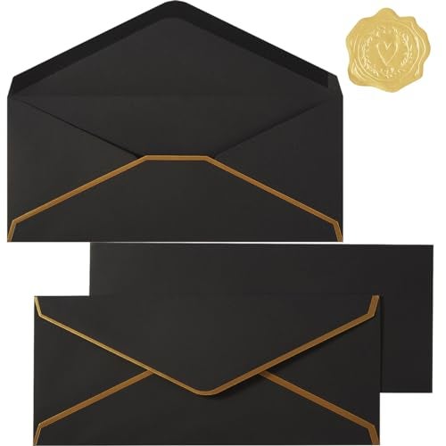 Topeen 30 Pack Thick 10 Business Envelopes with Gold Border 4 18 x 9 12 Thick Paper Standard Envelopes with Stickers for Office Checks Letter Mailing Invoices Black - Image 1