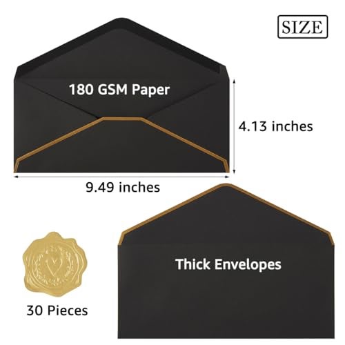 Topeen 30 Pack Thick 10 Business Envelopes with Gold Border 4 18 x 9 12 Thick Paper Standard Envelopes with Stickers for Office Checks Letter Mailing Invoices Black - Image 3