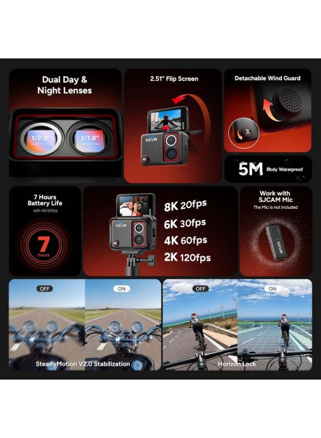 SJCAM SJ30 Handheld Action Camera with 8K/6K/5K/4K60FPS Image,5M Body Waterproof 2.51” Flip Touch Screen,Low Light,7H Battery Handle,SteadyMotion 2.0 Stabilization,for Travel and Outdoor Activities - Image 2