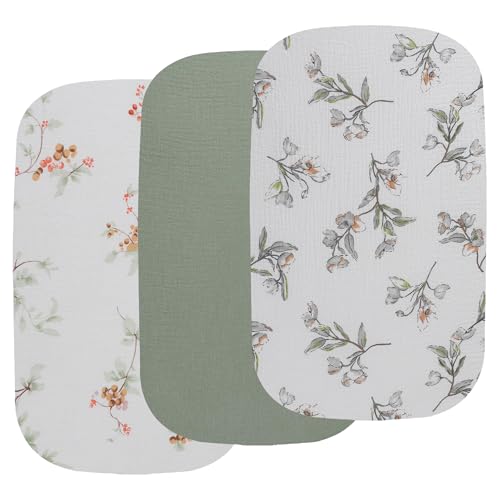 Onacosht Muslin Bassinet Sheets 3 Pack, 100% Cotton Baby Fitted Sheet 33" x 19" Compatible with Mika Micky, KoolaBaby (3 in 1), BabyBond, HARPPA and RICUTON Bedside Bassinet, Green and Botanical - Image 1