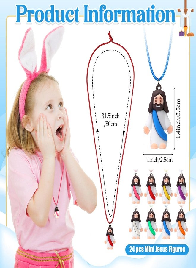 Bememo 24 Pcs Little Jesus Figures Necklaces Original Design Mini Rubber Jesus Figures to Easter Egg Hide and Seek Religious Party Favors Sunday Baptism Gifts, 8 Color - Image 2