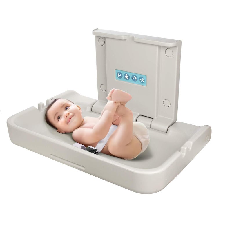 Modundry Fold Down Baby Changing Station Wall Mount Horizontal Baby Change Table with Safety Straps for Commercial Restrooms 2 White Granite