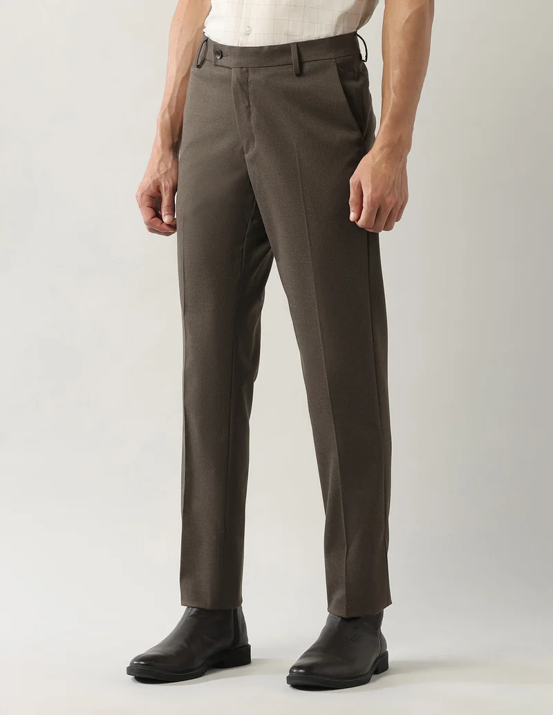 Arrow Brown Solid Smartflex Twill Trousers for Men | Best Price UAE