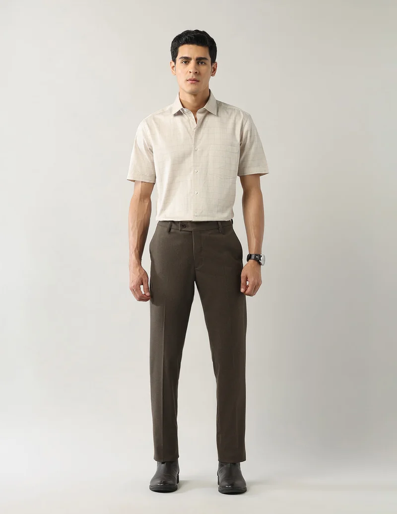 Arrow Brown Solid Smartflex Twill Trousers for Men | Best Price UAE