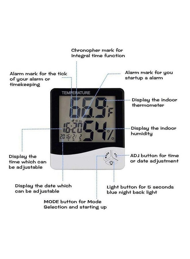 Thermocare Digital Indoor Plastic Hygrometer Thermometer with Clock Humidity Time Display Meter with Alarm Clock, Wall Mount or Table Top - Image 2