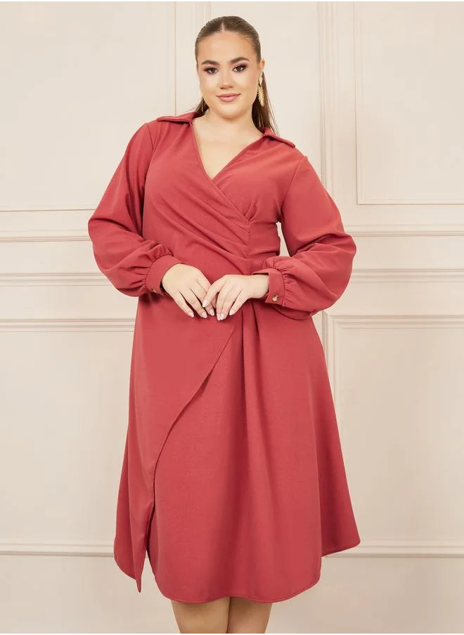Styli Styli Plus Pleated Collared A-line Midi Dress
