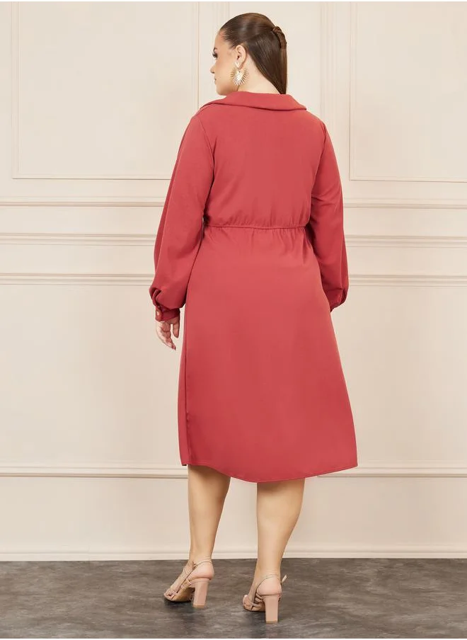 Styli Plus Pleated Collared A-line Midi Dress