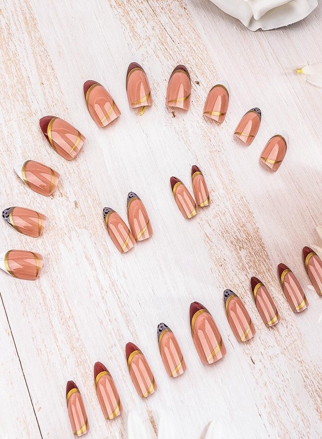 CherryBox 24 Pcs French Tip Fake Nails Almond Press on Gold lines Designs Glossy Stick on for Women Art Manicure (Jelly Tabs and Glue Included) - Image 4