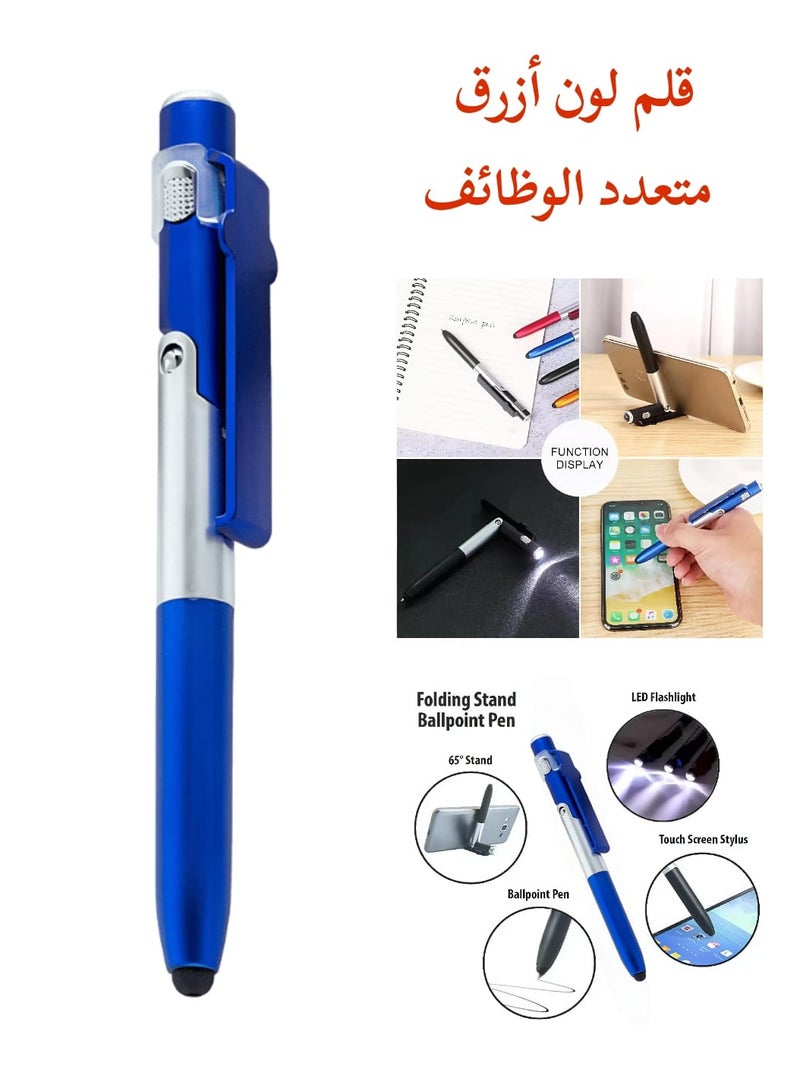 Multi-function Pen, 4-in-1 Pen, Multi-purpose Pen, a Pen with a Smart Device Stylus with a Mobile Stand with LED Light, Multi-task Pen, a Pen with a Smart and Unique Design, Black Ink Color, Shape-shifting and Customizable Pen, a Pen that Contracts and Changes Shape According to Preference, Smart, Rare, and Unique Design Pen, a Pen with Multiple Functions and Uses such as Writing, Touching, Illuminating, and Mobile Stand - Black Ink Color and Blue Exterior Pen Color