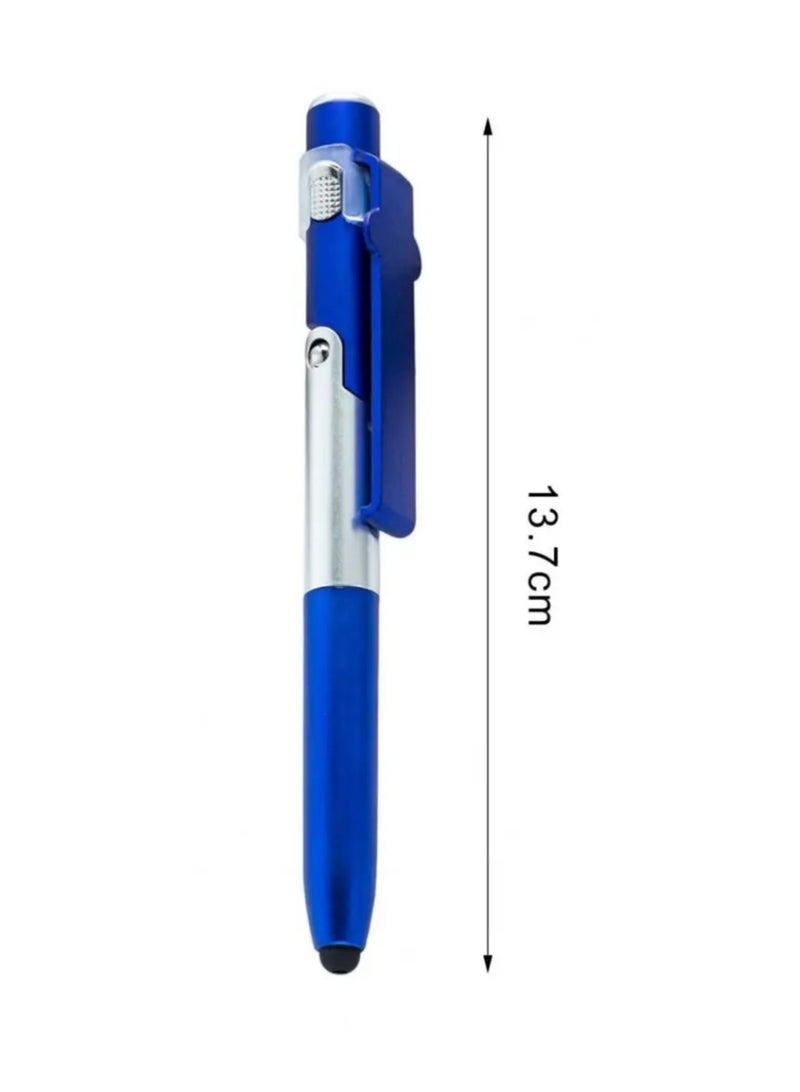 Multi-function Pen, 4-in-1 Pen, Multi-purpose Pen, a Pen with a Smart Device Stylus with a Mobile Stand with LED Light, Multi-task Pen, a Pen with a Smart and Unique Design, Black Ink Color, Shape-shifting and Customizable Pen, a Pen that Contracts and Changes Shape According to Preference, Smart, Rare, and Unique Design Pen, a Pen with Multiple Functions and Uses such as Writing, Touching, Illuminating, and Mobile Stand - Black Ink Color and Blue Exterior Pen Color
