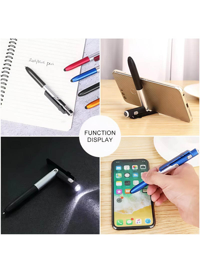 Multi-function Pen, 4-in-1 Pen, Multi-purpose Pen, a Pen with a Smart Device Stylus with a Mobile Stand with LED Light, Multi-task Pen, a Pen with a Smart and Unique Design, Black Ink Color, Shape-shifting and Customizable Pen, a Pen that Contracts and Changes Shape According to Preference, Smart, Rare, and Unique Design Pen, a Pen with Multiple Functions and Uses such as Writing, Touching, Illuminating, and Mobile Stand - Black Ink Color and Blue Exterior Pen Color