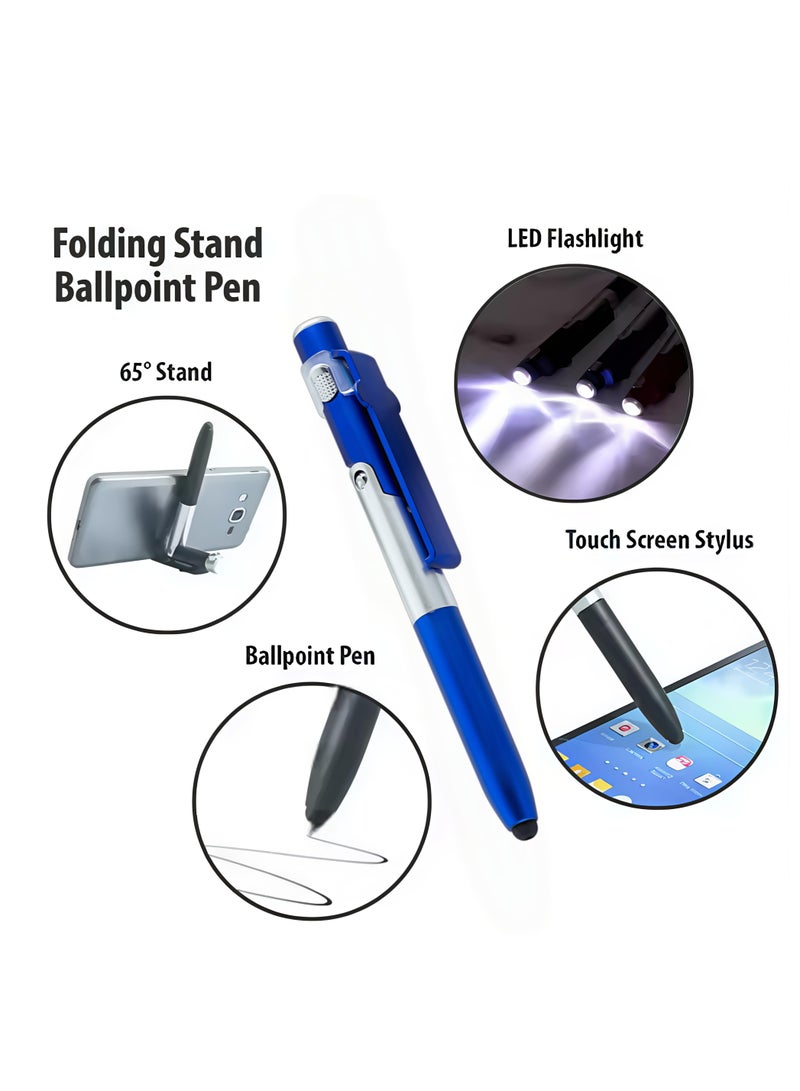 Multi-function Pen, 4-in-1 Pen, Multi-purpose Pen, a Pen with a Smart Device Stylus with a Mobile Stand with LED Light, Multi-task Pen, a Pen with a Smart and Unique Design, Black Ink Color, Shape-shifting and Customizable Pen, a Pen that Contracts and Changes Shape According to Preference, Smart, Rare, and Unique Design Pen, a Pen with Multiple Functions and Uses such as Writing, Touching, Illuminating, and Mobile Stand - Black Ink Color and Blue Exterior Pen Color
