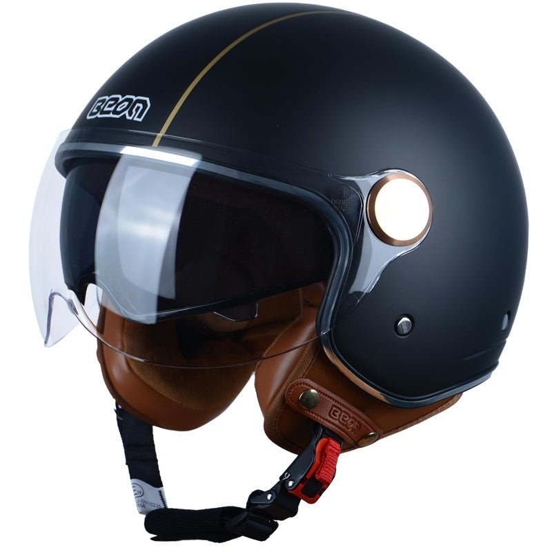 BEON Open Face Motorcycle Helmet for Adults DOT Approved34 Retro Vespa Helmet Dual Visors Mens and Womens Motorbike Casco for Moped Cruiser Bobber and ChopperXLGolden Lines Matte Black