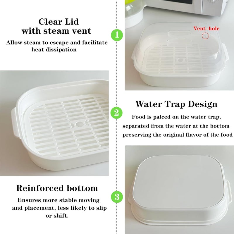 Bigwinyep Microwave Steamer for Vegetables, Plastic Microwave Vegetable Steamer with Lid for Vegetables Prep Seafood Fish Cooking, White-Rectangle, 10.6Inch - Image 4