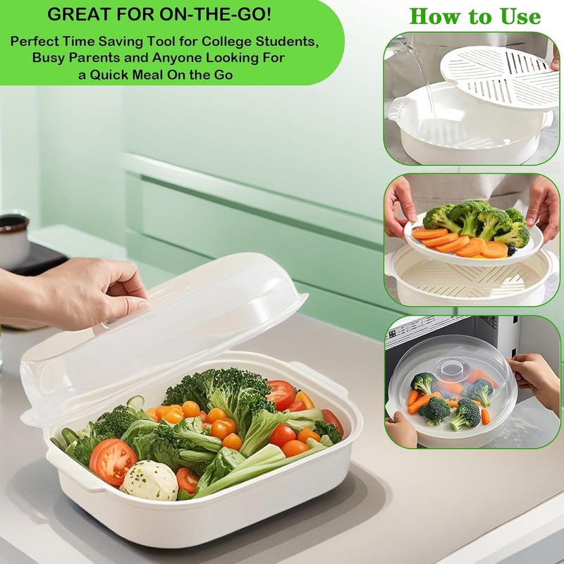 Bigwinyep Microwave Steamer for Vegetables, Plastic Microwave Vegetable Steamer with Lid for Vegetables Prep Seafood Fish Cooking, White-Rectangle, 10.6Inch - Image 3