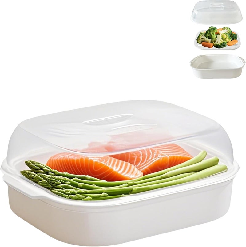 Bigwinyep Microwave Steamer for Vegetables, Plastic Microwave Vegetable Steamer with Lid for Vegetables Prep Seafood Fish Cooking, White-Rectangle, 10.6Inch - Image 1