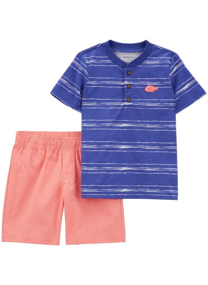 carter's Carter's 2-Piece Striped & Fish Graphic Henley T-Shirt & Shorts Set -Blue & Coral  - Image 1