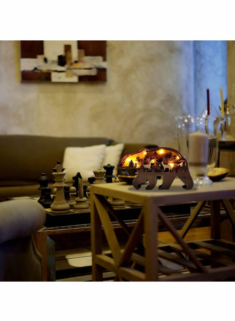 Zikra زينة مكتبية مع ضوء، دب بني خشبي، زينة طاولة حيوانات الغابة، زينة خشبية للمنزل، فن حائط خشبي ثلاثي الأبعاد مزخرف، زينة رف LED مضاءة، - Image 4