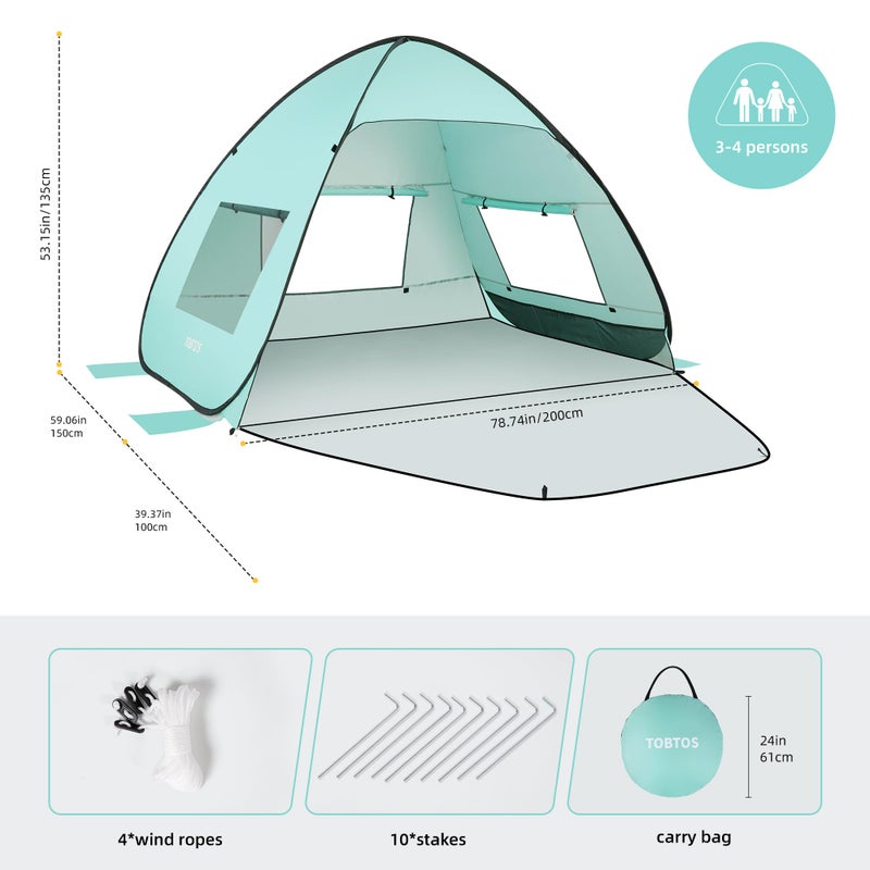 TOBTOS UPF 50+ Easy Pop Up Beach Tent 3-4 Person Sun Shelter Instant Automatic Beach Shade, Portable Sunshade with Extendable Floor (Mint Green) - Image 2