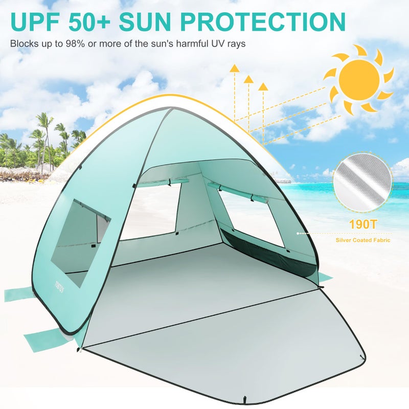 TOBTOS UPF 50+ Easy Pop Up Beach Tent 3-4 Person Sun Shelter Instant Automatic Beach Shade, Portable Sunshade with Extendable Floor (Mint Green) - Image 4