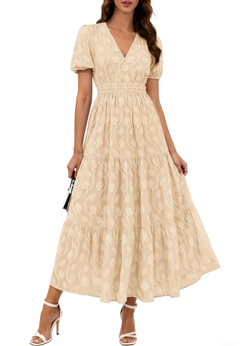 KIRUNDO Womens Boho Maxi Dress Summer Short Sleeve V Neck Floral Flowy A Line Formal Wedding Guest Baby Shower Long Dresses(Apricot, Large) - Image 1