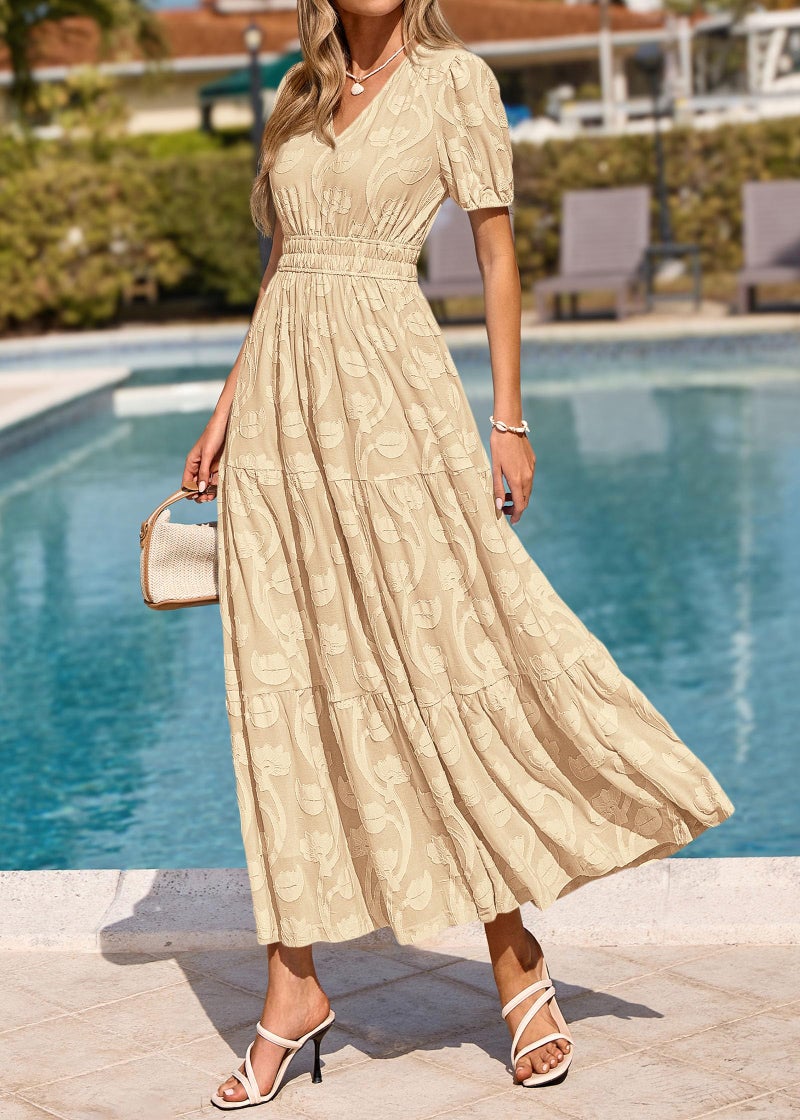 KIRUNDO Womens Boho Maxi Dress Summer Short Sleeve V Neck Floral Flowy A Line Formal Wedding Guest Baby Shower Long Dresses(Apricot, Large) - Image 3