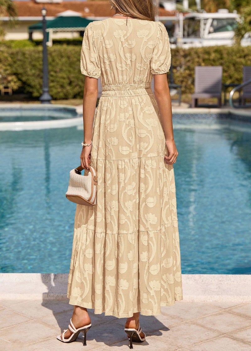 KIRUNDO Womens Boho Maxi Dress Summer Short Sleeve V Neck Floral Flowy A Line Formal Wedding Guest Baby Shower Long Dresses(Apricot, Large) - Image 5