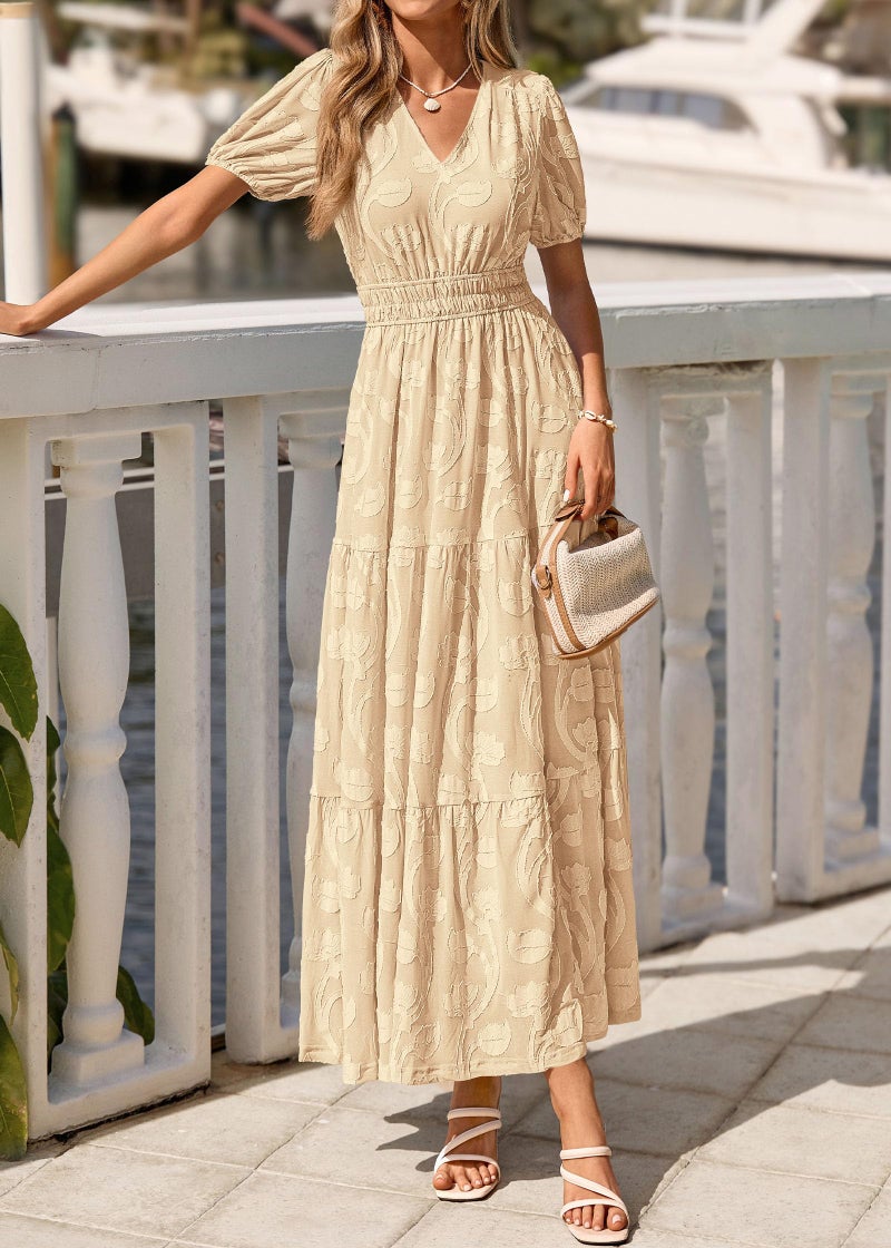 KIRUNDO Womens Boho Maxi Dress Summer Short Sleeve V Neck Floral Flowy A Line Formal Wedding Guest Baby Shower Long Dresses(Apricot, Large) - Image 4