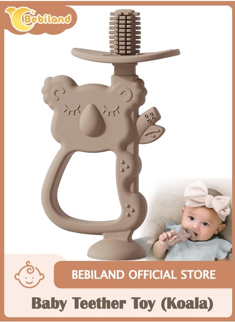 Koala Shape Teething Toy, Safe Easy to Hold BPA Free Silicone Teethers, 360° Baby Toothbrush with Suction Base, Teether Toys Best for Baby 6-12 Months (Brown)