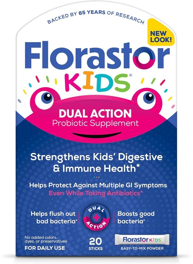 Florastor Kids Dual Action Probiotic Supplement, Strengthens Kids' Digestive & Immune Health, 20 Easy-To Mix Powder Sticks, Packaging May Vary - Image 1