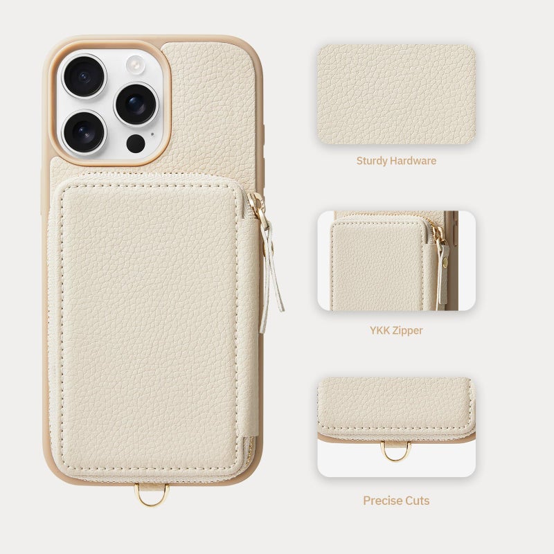 ZVE Compatible with iPhone 16 Pro Case Wallet, Zipper Leather Card Holder with RFID Blocking Detachable Wrist Strap for Women for iPhone 16 Pro, 6.3"-Beige - Image 5
