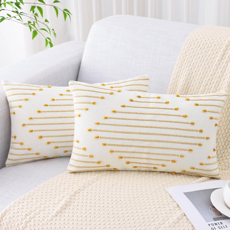 Mecatny Boho Outdoor Throw Pillow Covers 12X20 Set of 2, Farmhouse Lumbar Pillow Covers for Couch Sofa Living Room, Yellow & White - Image 1