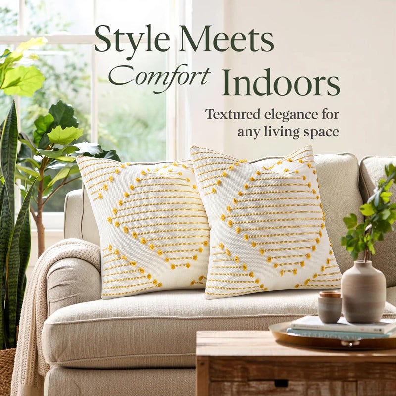 Mecatny Boho Outdoor Throw Pillow Covers 12X20 Set of 2, Farmhouse Lumbar Pillow Covers for Couch Sofa Living Room, Yellow & White - Image 2