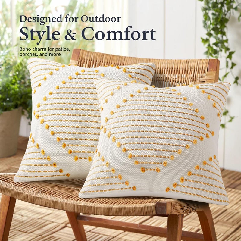 Mecatny Boho Outdoor Throw Pillow Covers 12X20 Set of 2, Farmhouse Lumbar Pillow Covers for Couch Sofa Living Room, Yellow & White - Image 3