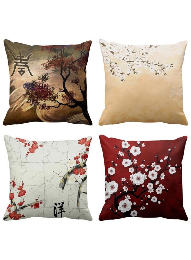 ArtSocket Set of 4 Throw Pillow Covers Japanese Zen Tree Eastern Nature Home Flowers Cherry Blossom Beige Cream Decorative Pillow Cases Home Decor Square 22x22 Inches Pillowcases - Image 1
