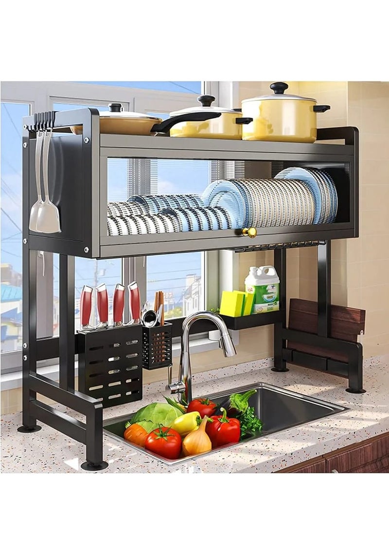 Dish Cabinet Rack Over Sink Drainer With Cover Stainless Steel Plate Drying Storage Kitchen Organizer