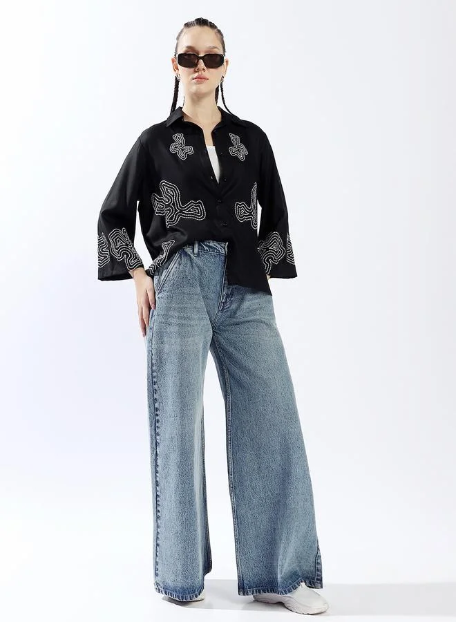 HIGH STAR Women's Multicolour 100% Cotton Embroidered Button Down Oversized Shirt